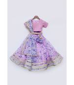 Lilac Organza Floral Printed Lehenga Set For Girls