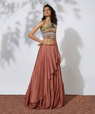 Burnt Orange Lehenga With Embroidered Crop Top 2