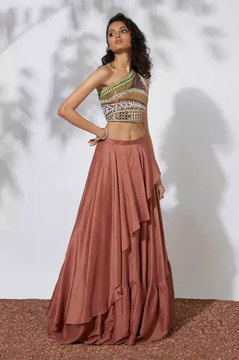 Burnt Orange Lehenga With Embroidered Crop Top