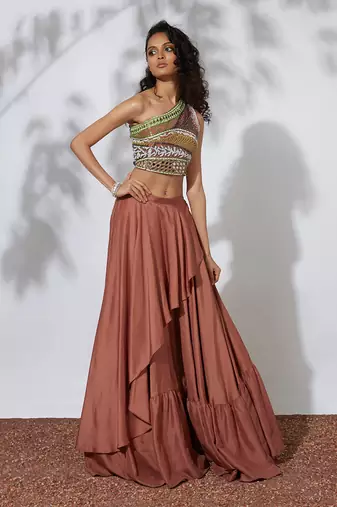Burnt Orange Lehenga With Embroidered Crop Top