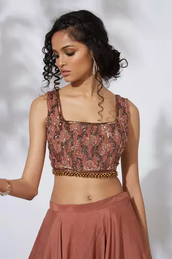 Burnt Orange Lehenga With Embroidered Crop Top