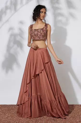 Burnt Orange Lehenga With Embroidered Crop Top