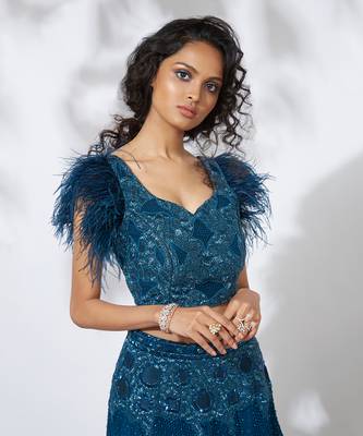Teal Feather Lehenga Choli Set 2