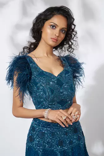Teal Feather Lehenga Choli Set