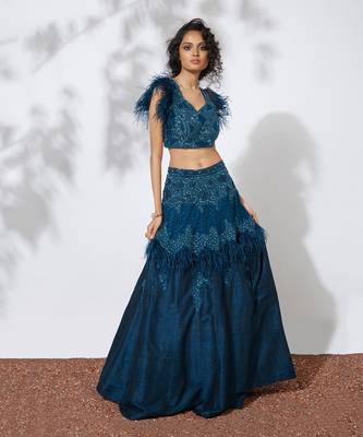 Teal Feather Lehenga Choli Set 1