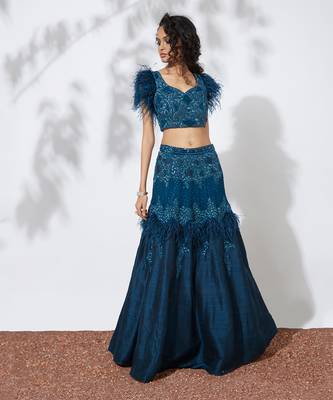 Teal Feather Lehenga Choli Set 3