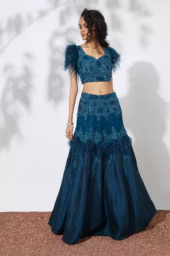 Teal Feather Lehenga Choli Set