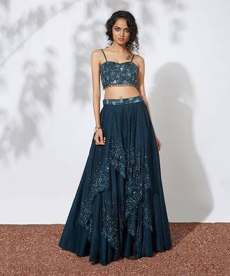 Teal 32 Panels Embroidered Lehenga Crop Top Set 1