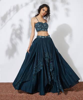 Teal 32 Panels Embroidered Lehenga Crop Top Set 2