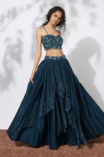 Teal 32 Panels Embroidered Lehenga Crop Top Set