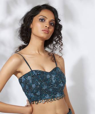 Teal 32 Panels Embroidered Lehenga Crop Top Set 3