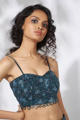 Teal 32 Panels Embroidered Lehenga Crop Top Set
