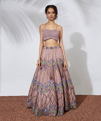 Rose Pink Embroidered Lehenga Crop Top Set With Organza Ruffle Dupatta 2