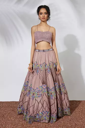 Rose Pink Embroidered Lehenga Crop Top Set With Organza Ruffle Dupatta