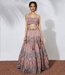 Rose Pink Embroidered Lehenga Crop Top Set With Organza Ruffle Dupatta