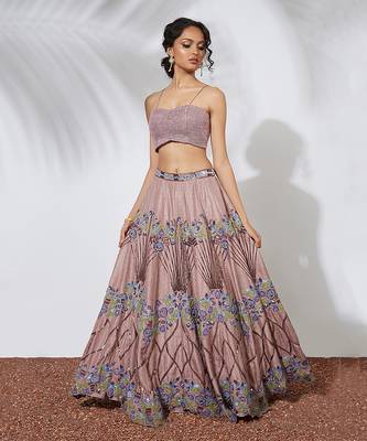 Rose Pink Embroidered Lehenga Crop Top Set With Organza Ruffle Dupatta 1