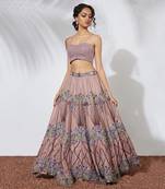 Rose Pink Embroidered Lehenga Crop Top Set With Organza Ruffle Dupatta