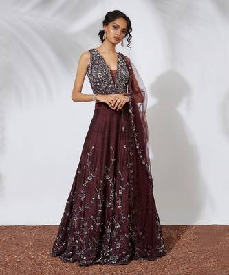 Wine 3 D Roses Embroidered Lehenga Choli & Dupatta Set 2