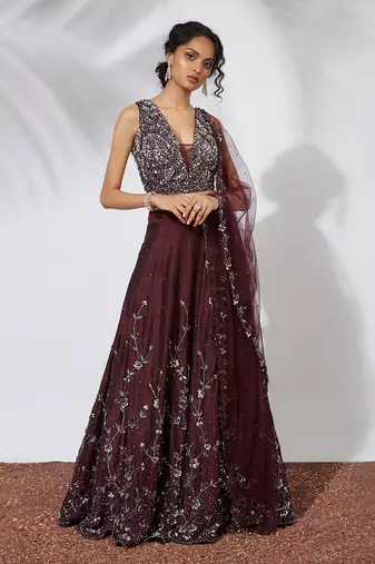Wine 3 D Roses Embroidered Lehenga Choli & Dupatta Set