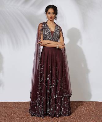 Wine 3 D Roses Embroidered Lehenga Choli & Dupatta Set 1