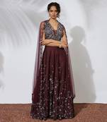 Wine 3 D Roses Embroidered Lehenga Choli & Dupatta Set