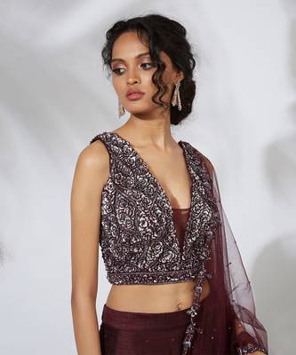 Wine 3 D Roses Embroidered Lehenga Choli & Dupatta Set 3