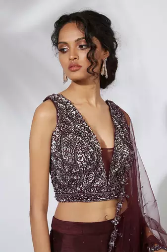Wine 3 D Roses Embroidered Lehenga Choli & Dupatta Set