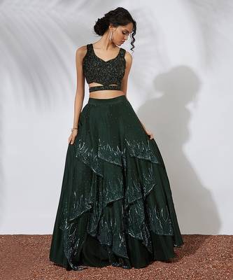 Forest Green 32 Panels Embroidered Lehenga Crop Top Set 1