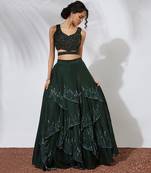 Forest Green 32 Panels Embroidered Lehenga Crop Top Set