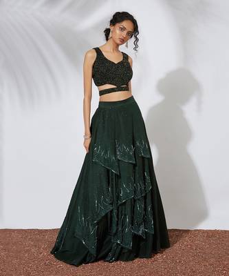 Forest Green 32 Panels Embroidered Lehenga Crop Top Set 2