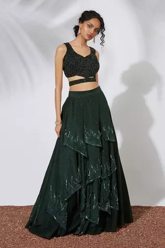 Forest Green 32 Panels Embroidered Lehenga Crop Top Set