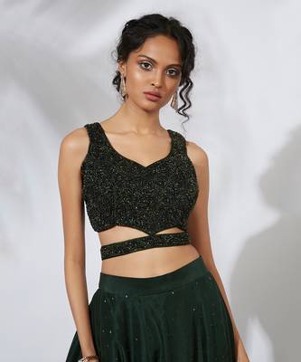 Forest Green 32 Panels Embroidered Lehenga Crop Top Set 3