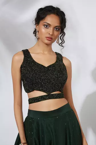 Forest Green 32 Panels Embroidered Lehenga Crop Top Set