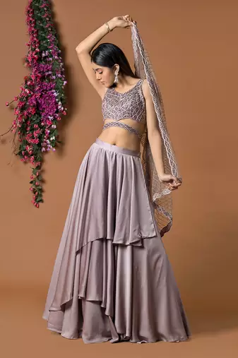 Coffee Layered Lehenga Choli Set With Attached Duppata