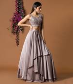 Coffee Layered Lehenga Choli Set With Attached Duppata