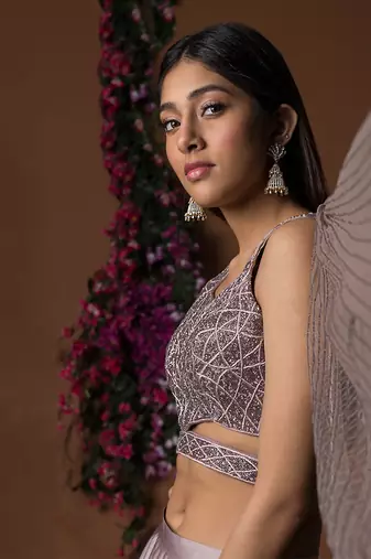 Coffee Layered Lehenga Choli Set With Attached Duppata