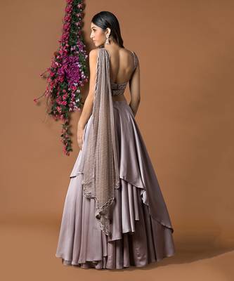 Coffee Layered Lehenga Choli Set With Attached Duppata 4