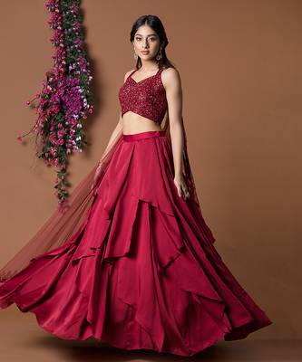 Red 32 Panels Lehenga Crop Top Set With Attached Dupattas 1