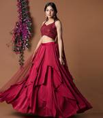 Red 32 Panels Lehenga Crop Top Set With Attached Dupattas