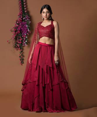 Red 32 Panels Lehenga Crop Top Set With Attached Dupattas 2