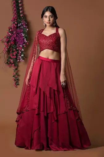 Red 32 Panels Lehenga Crop Top Set With Attached Dupattas