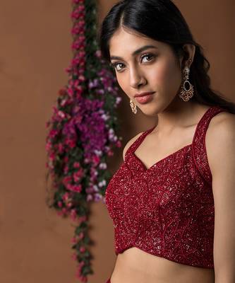 Red 32 Panels Lehenga Crop Top Set With Attached Dupattas 3