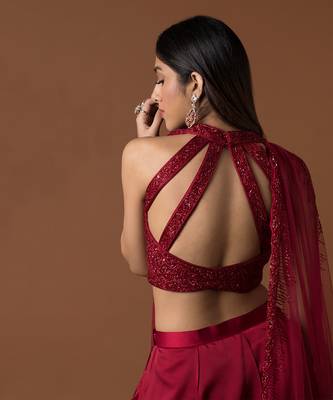 Red 32 Panels Lehenga Crop Top Set With Attached Dupattas 4