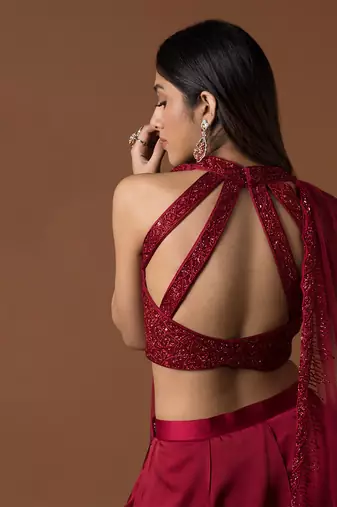 Red 32 Panels Lehenga Crop Top Set With Attached Dupattas