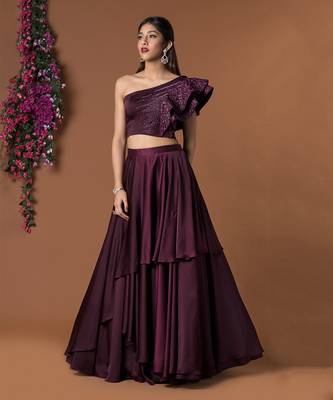 Wine Ruffle Sleeves Crop Top & Layered Lehenga Set 2