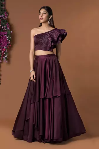 Wine Ruffle Sleeves Crop Top & Layered Lehenga Set