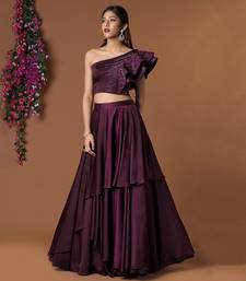 Wine Ruffle Sleeves Crop Top & Layered Lehenga Set