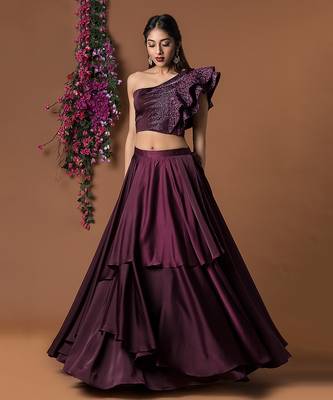 Wine Ruffle Sleeves Crop Top & Layered Lehenga Set 1