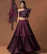 Wine Ruffle Sleeves Crop Top & Layered Lehenga Set