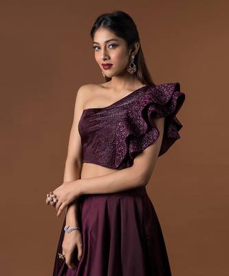 Wine Ruffle Sleeves Crop Top & Layered Lehenga Set 3